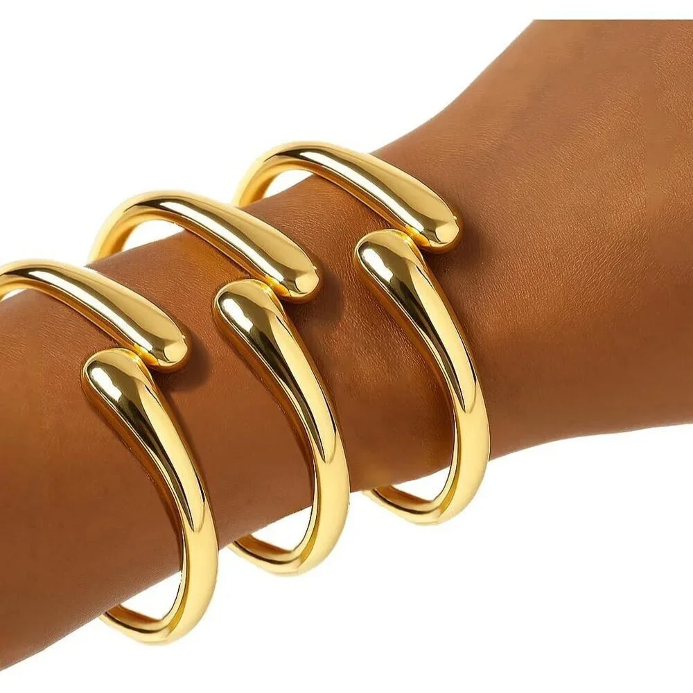 Gold 3 Pcs Bangle Bracelets for Women and Teens Adjustable Chunky Twist Cuff
